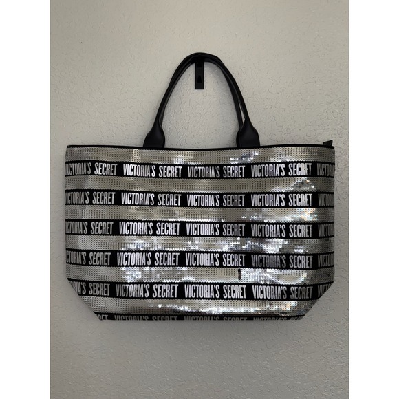 Victoria's Secret Handbags - Victoria's Secret Sequin Tote Bag Silver Black Logo Beach Travel Weekender